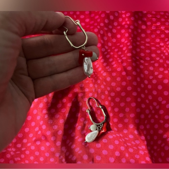 Handcrafted beaded and Red Drop Earrings - Picture 3 of 4